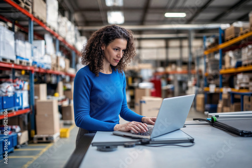 Focused woman working on laptop in large warehouse filled with organized shelves and packages.