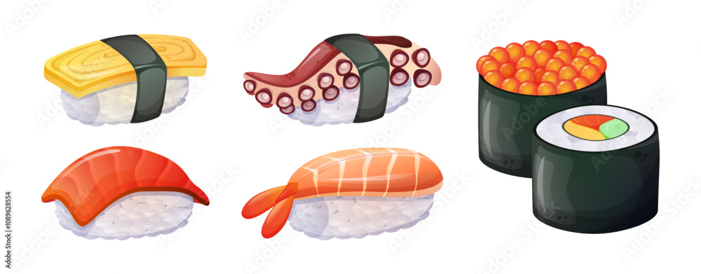 Sushi set. Sushi roll with tuna, salmon, octopus and omelette. Japanese food. Stickers isolated Sushi set. Sushi roll with tuna, salmon, octopus and omelette. Japanese food. Stickers isolated