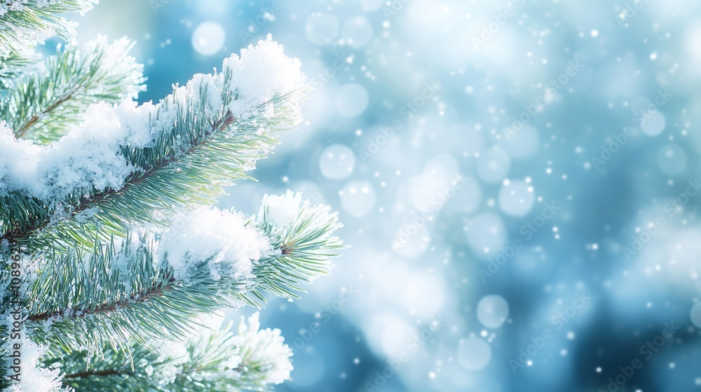 Snow-covered fir branches on a sparkling blue background Snow-covered fir branches on a sparkling blue background