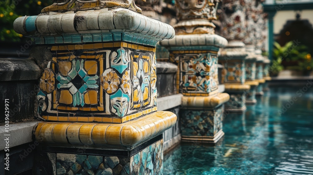 Fototapeta premium Decorative tiles and detailed carvings edge the holy water pool, reflecting artistic craftsmanship