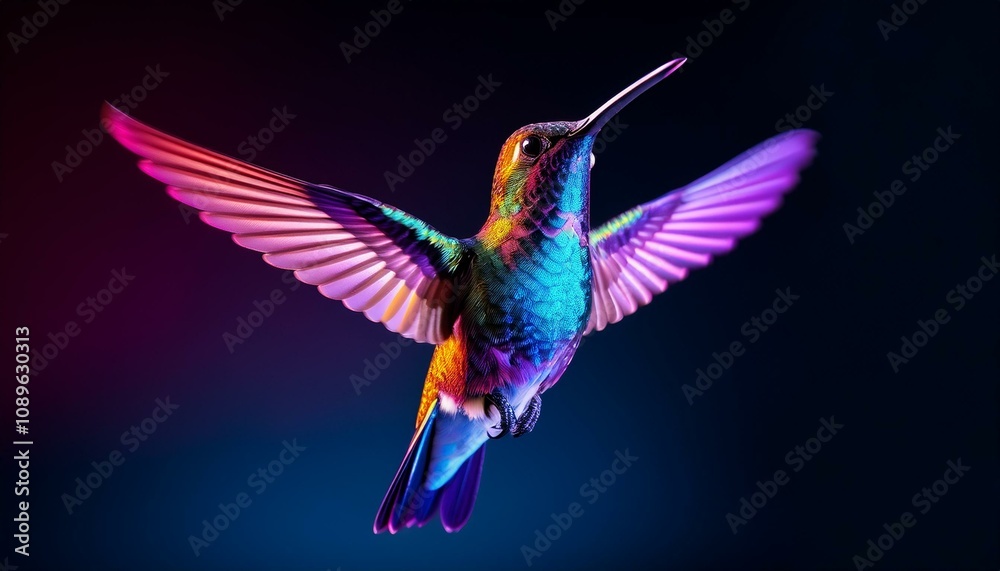 Obraz premium Neon Wings: A Vibrant Hummingbird in Flight Against a Dark, Electric Backdrop