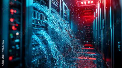 Water damage in a server room; cascading water floods servers.