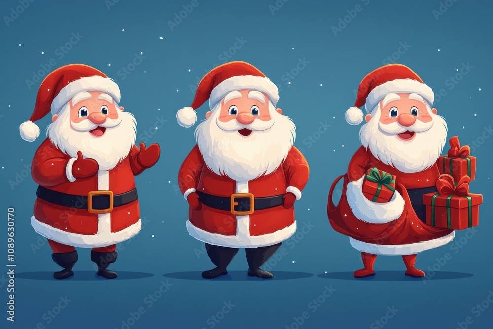 Charming illustrations of Santa Claus in festive outfits enjoying the holiday spirit during winter celebrations. Generative AI Charming illustrations of Santa Claus in festive outfits enjoying the holiday spirit during winter celebrations. Generative AI