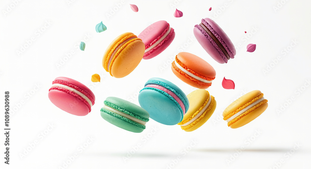 Colorful macarons flying in the air on a white background. Colorful macarons flying in the air on a white background.