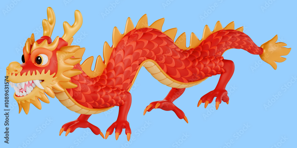 Fototapeta premium 3D Render of a Chinese Dragon in Red and Gold Colors