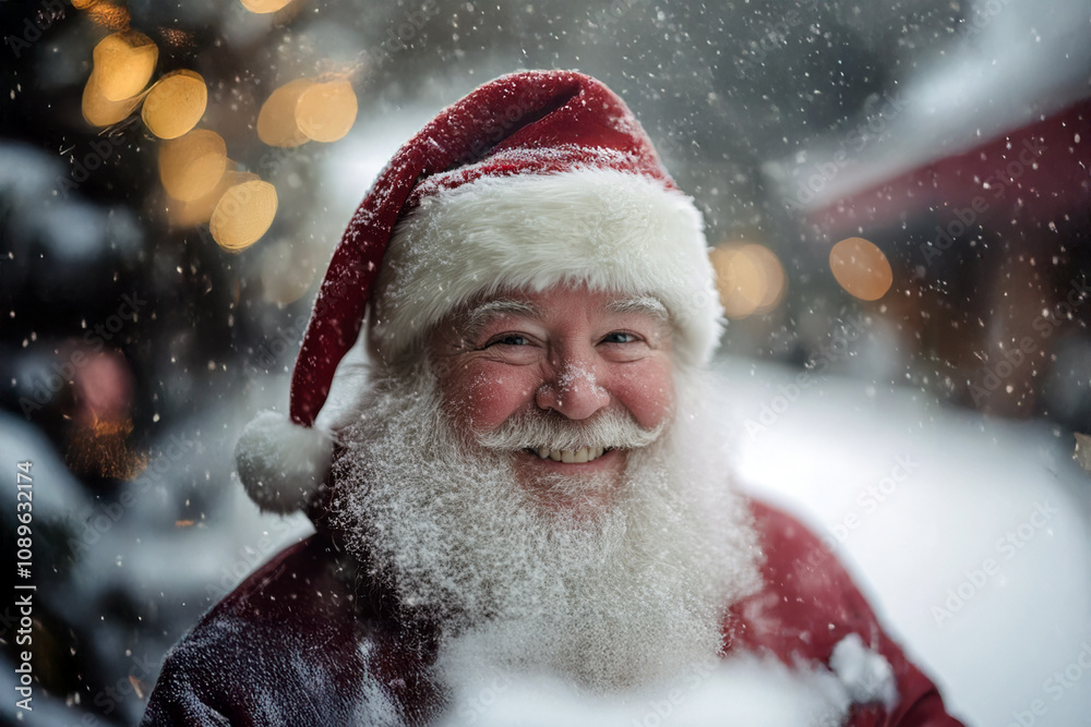 Joyful Santa Claus with a snow-covered beard smiling in a winter wonderland. Generative AI