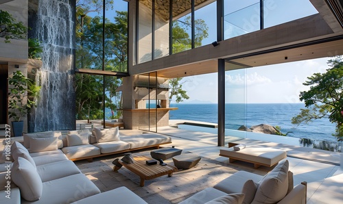 Sea-Facing Serenity, Living room with limestone block design, large panoramic windows facing the sea photo