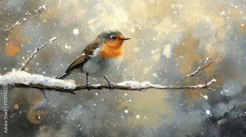 A European Robin Perched On A Snowy Branch In Winter