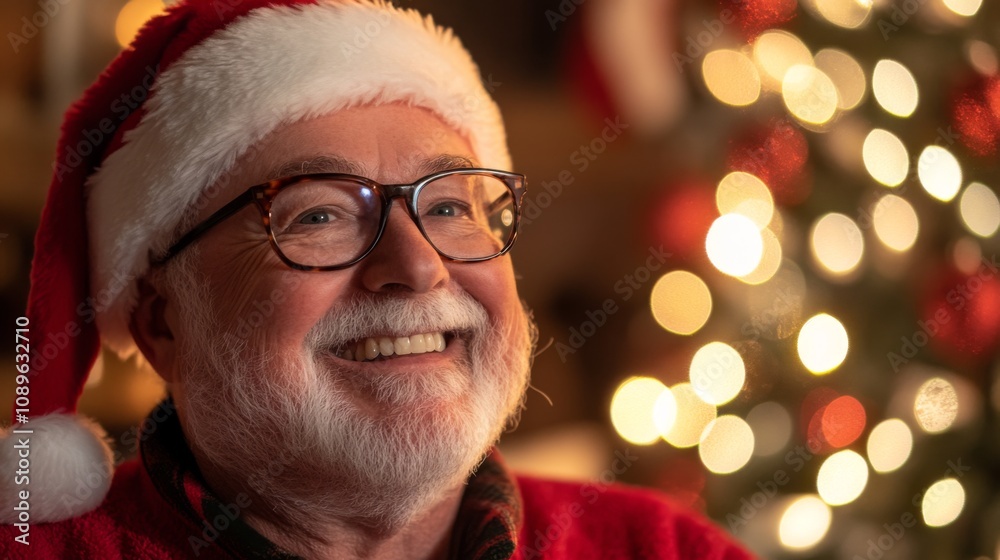 Happy Senior Man Wearing Santa Hat Smiles Brightly Happy Senior Man Wearing Santa Hat Smiles Brightly