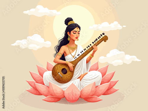 Graceful image of Goddess Saraswati on a lotus, playing the Veena, representing purity, wisdom, and the divine flow of knowledge