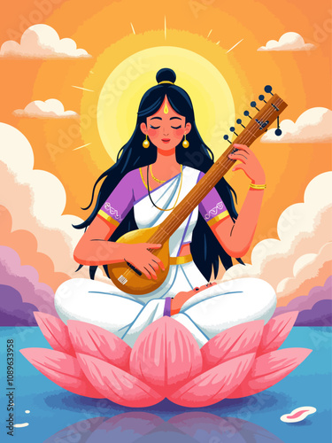  Graceful image of Goddess Saraswati on a lotus, playing the Veena, representing purity, wisdom, and the divine flow of knowledge