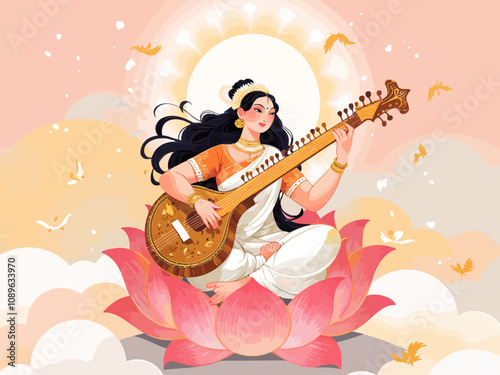  Graceful image of Goddess Saraswati on a lotus, playing the Veena, representing purity, wisdom, and the divine flow of knowledge