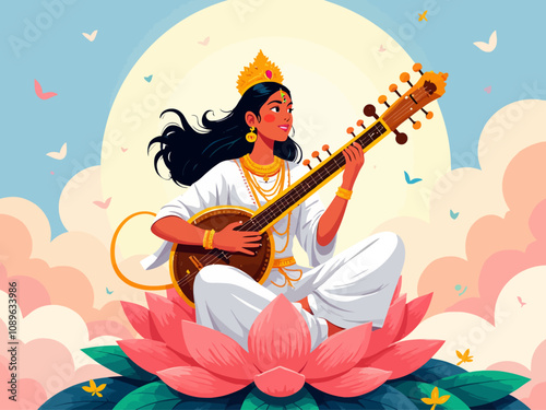  Graceful image of Goddess Saraswati on a lotus, playing the Veena, representing purity, wisdom, and the divine flow of knowledge