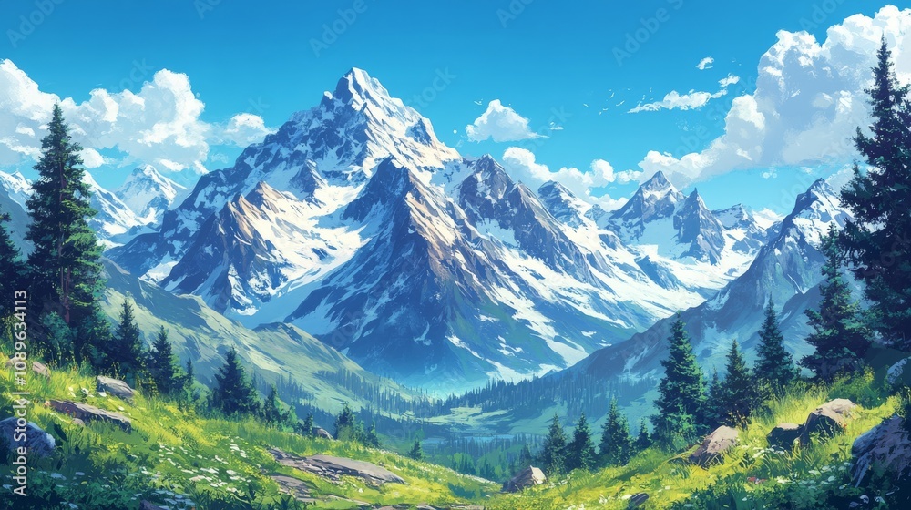 Fototapeta premium Majestic Snowcapped Mountains And Lush Alpine Meadow