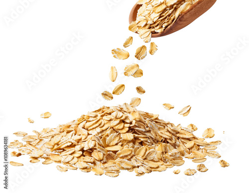 Falling oat flakes isolated on white background, cutout 