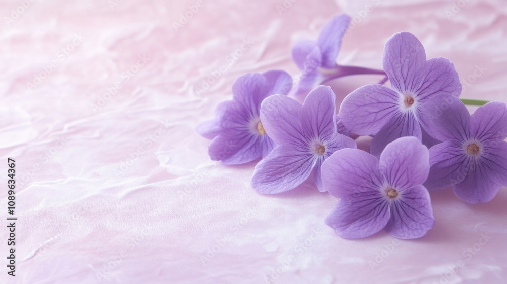 Obraz premium Purple violets in a soft pink envelope on a pastel lilac background, delicate and sweet, generative ai