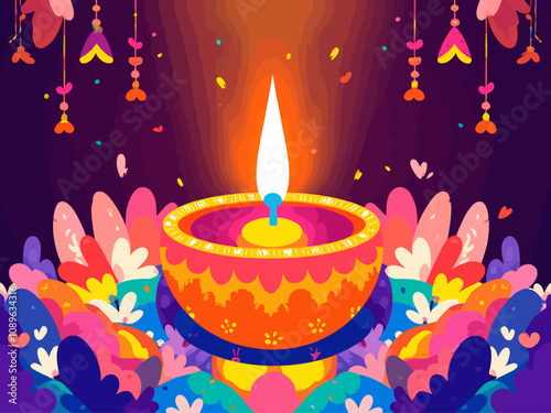 Happy Diwali festival with oil lamp, Rangoli decoration with Diya, Diwali holiday Background with rangoli, Diwali celebration greeting card 