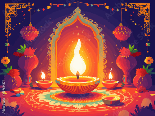 Happy Diwali festival with oil lamp, Rangoli decoration with Diya, Diwali holiday Background with rangoli, Diwali celebration greeting card 