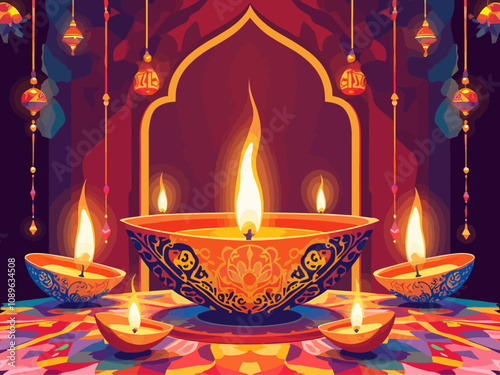 Happy Diwali festival with oil lamp, Rangoli decoration with Diya, Diwali holiday Background with rangoli, Diwali celebration greeting card 