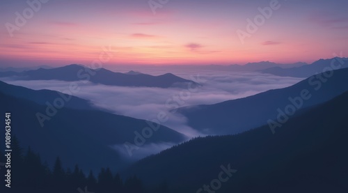 Serene sunrise over misty mountains