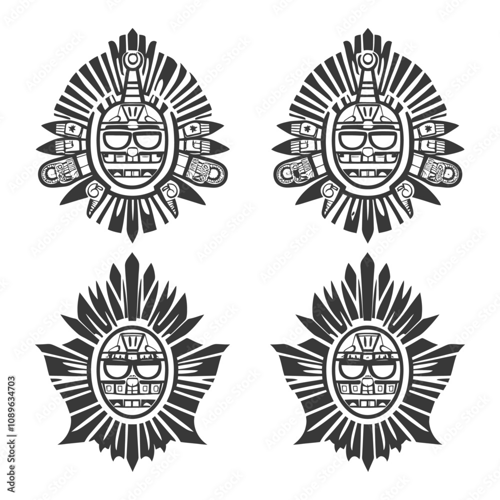 Fototapeta premium Four Stylized Black and White Sun Masks with Geometric Details