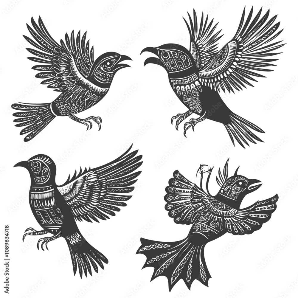 Obraz premium Four Stylized Birds with Intricate Geometric Patterns