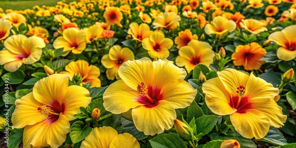 Overhead view of a profusion of sunny yellow hibiscus flowers. Overhead view of a profusion of sunny yellow hibiscus flowers.