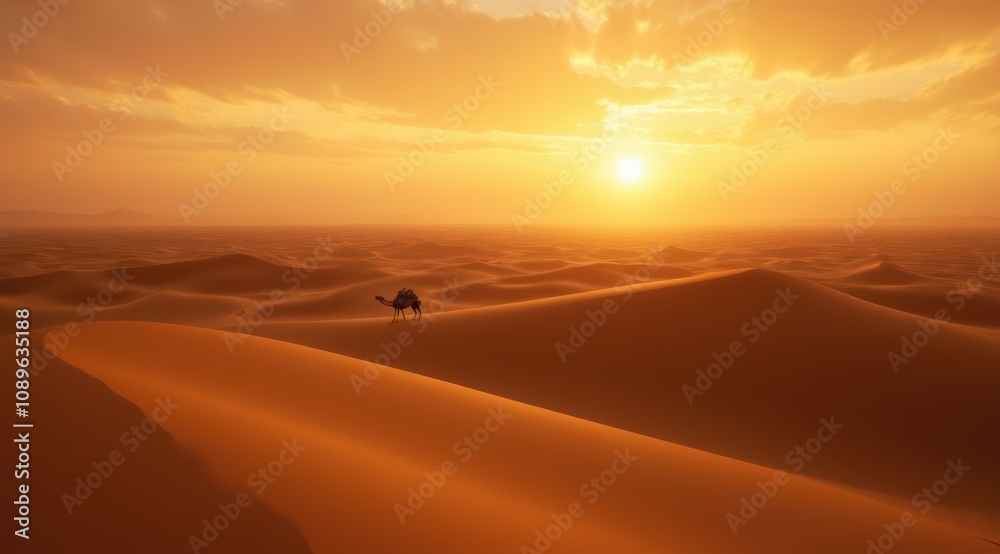 A lone camel in a golden desert A lone camel in a golden desert