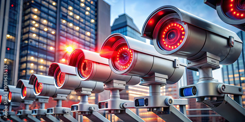 Several security cameras are positioned prominently, capturing a bustling city skyline at twilight, as lights begin to illuminate the buildings, ensuring safety and surveillance