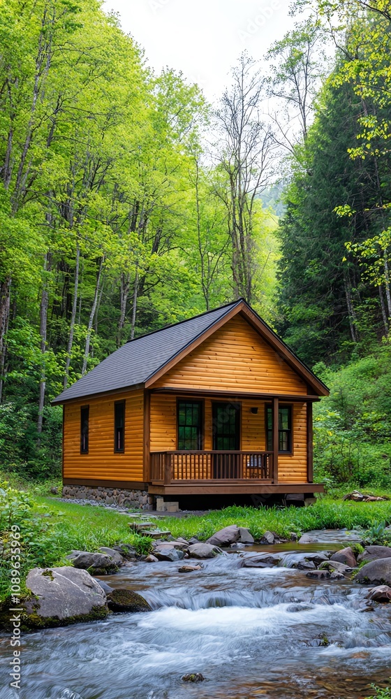 Charming wooden cabin in a lush forest setting beside a gentle stream, perfect for a serene nature retreat and peaceful getaway. Charming wooden cabin in a lush forest setting beside a gentle stream, perfect for a serene nature retreat and peaceful getaway.