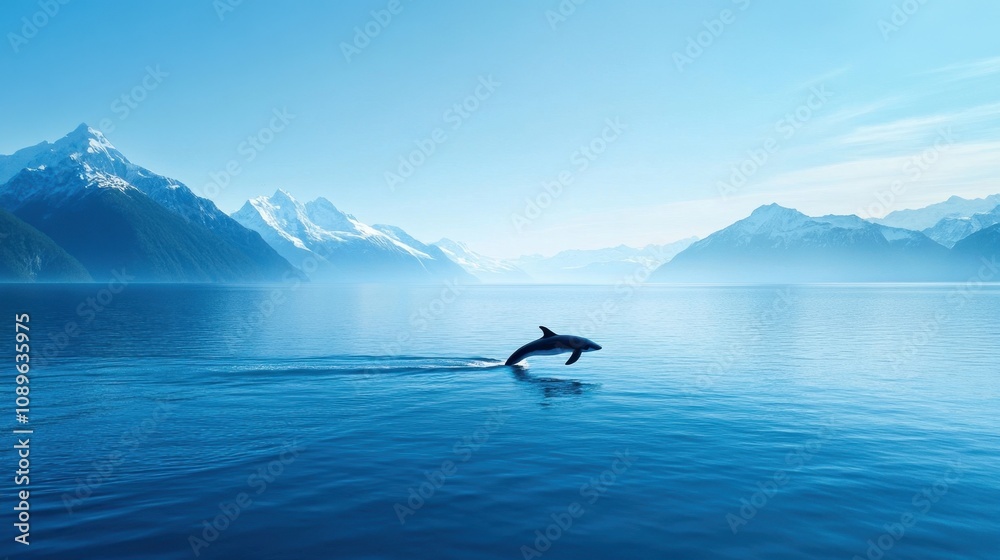 Obraz premium A beautiful natural landscape with a whale jumping. A large whale above the surface of the water. Contemplation of the wild