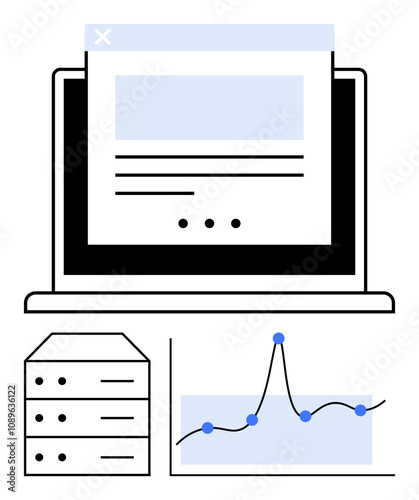 Laptop with web, v20 browser window data server stack, and line graph chart. Ideal for tech, web, v20 development, data analysis, IT infrastructure, digital marketing, and tech education. Line photo