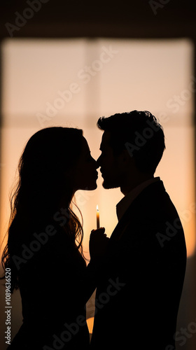 Silhouette of couple sharing romantic moment with candle at sunset. warm glow creates intimate atmosphere.  valentine