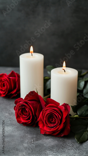 Elegant white candles surrounded by red roses create romantic atmosphere, perfect for special occasions or intimate settings.  valentine