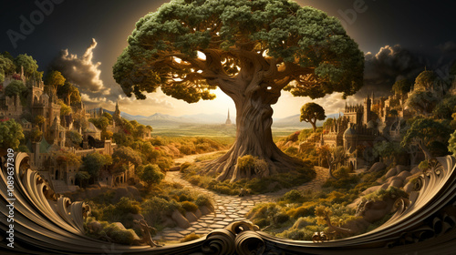A fantasy tree growing out of the ground