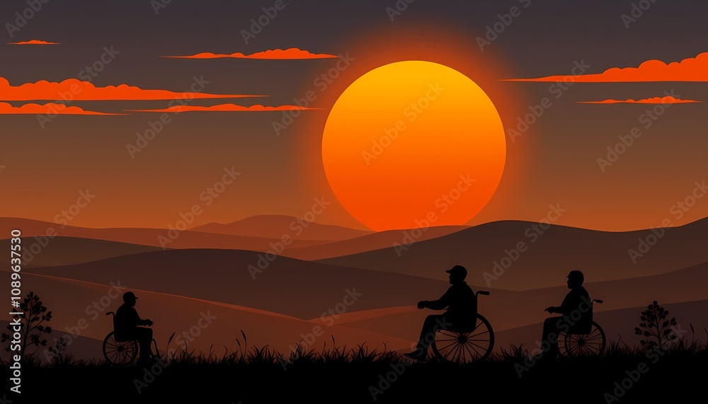 Naklejka premium Sunset Silhouette, Wheelchair Users in Nature