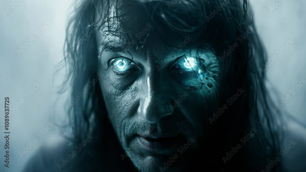Haunting rugged man in fog with scary glowing eyes. Dark fantasy story theme. Cinematic portrait, close up in slow motion. High quality 4k footage Haunting rugged man in fog with scary glowing eyes. Dark fantasy story theme. Cinematic portrait, close up in slow motion. High quality 4k footage