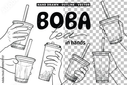 Hand drawn vector bubble tea graphic assets. Black outline of milk tea with tapioca pearls. Banner design for social media. Boba tea held in hands for menu design.