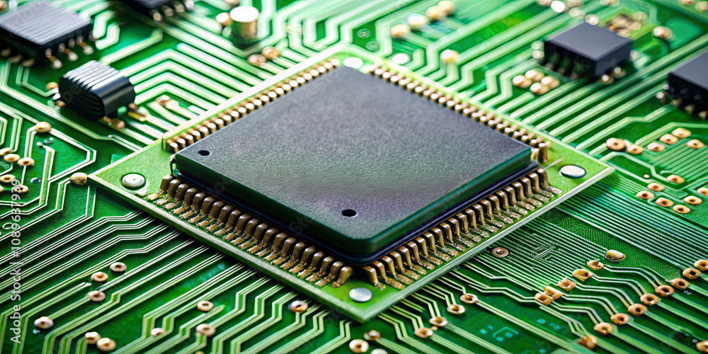 A close-up of a microprocessor located on a green circuit board illustrates the complex network of electronic pathways and connections established for data processing A close-up of a microprocessor located on a green circuit board illustrates the complex network of electronic pathways and connections established for data processing