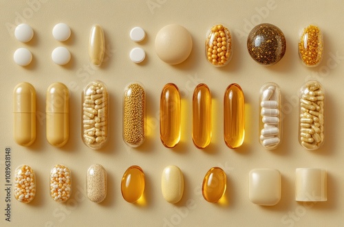 Circular capsules and tablets in artistic display.