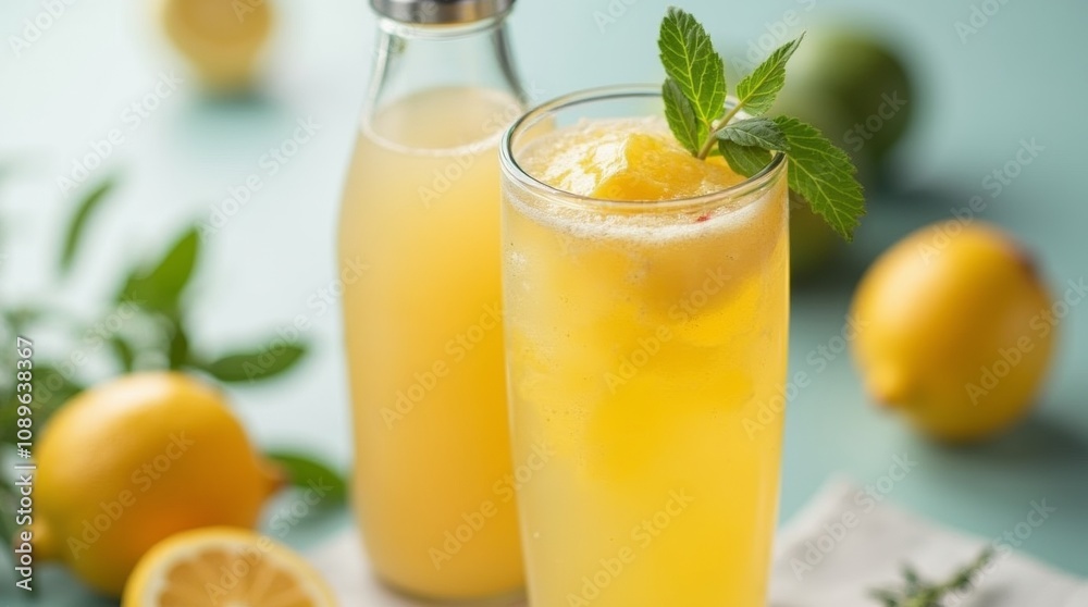 A close-up of a low-calorie hydration drink in a clear bottle, showcasing its vibrant color and refreshing appearance. The bottle is placed on a light-colored surface with fresh fruits, mockup A close-up of a low-calorie hydration drink in a clear bottle, showcasing its vibrant color and refreshing appearance. The bottle is placed on a light-colored surface with fresh fruits, mockup