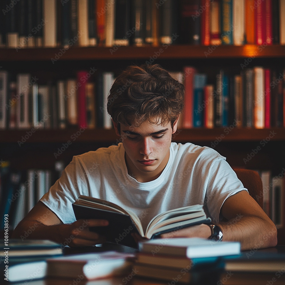 Studying late at night in a cozy library with warm light and books Studying late at night in a cozy library with warm light and books