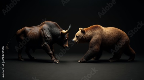 striking and bold metaphor of a bull and a bear in mid-confrontation, symbolizing the eternal struggle of the stock market. The bull, with its powerful muscles and sharp horns, two antagonists photo