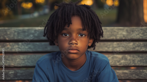 A young homeless African American boy with dreadlocks sits alone outside. He wears a dirty shirt with a solemn exression photo