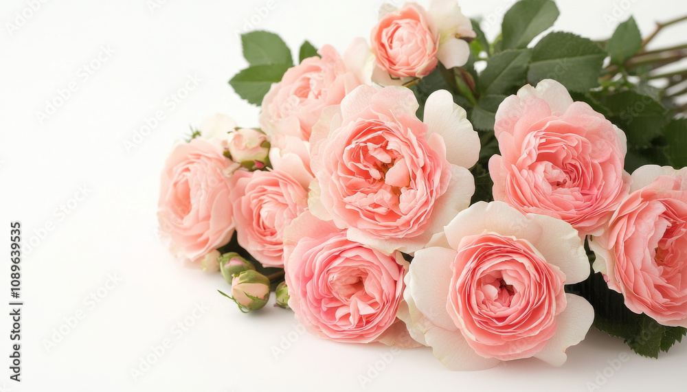 Fototapeta premium Beautiful bouquet of pink roses with lush green leaves, perfect for any occasion. soft petals and delicate colors evoke feelings of love and tranquility. valentine