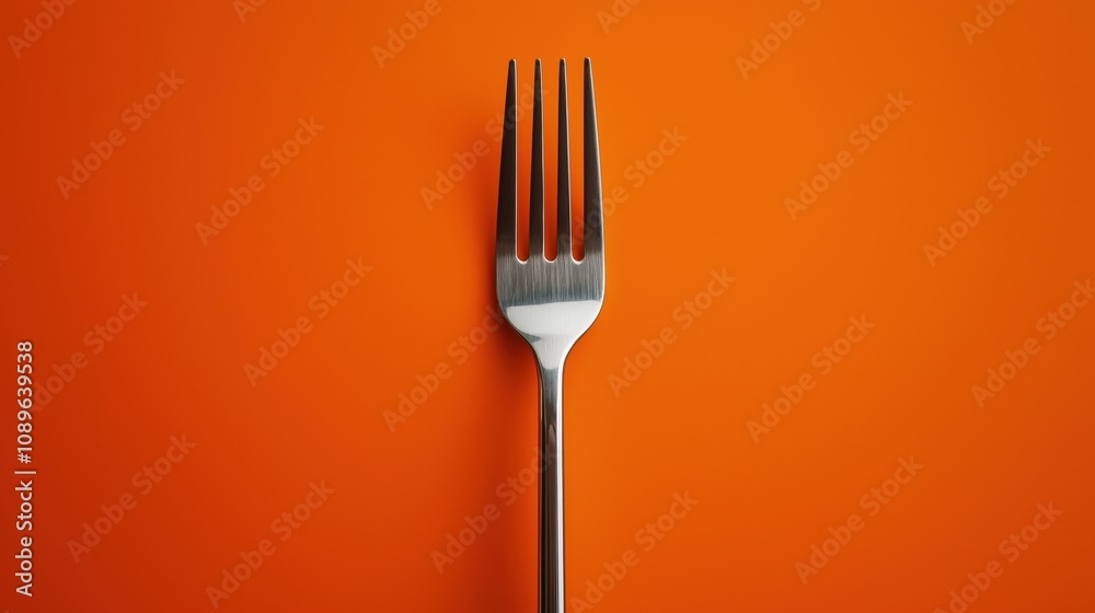 A stainless steel fork placed on a vibrant orange background. A stainless steel fork placed on a vibrant orange background.