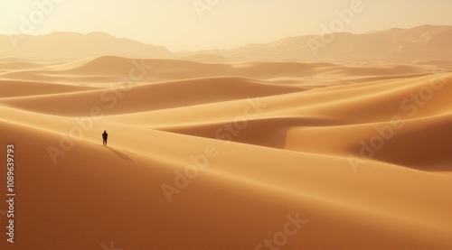 Solitary figure walking in golden dunes