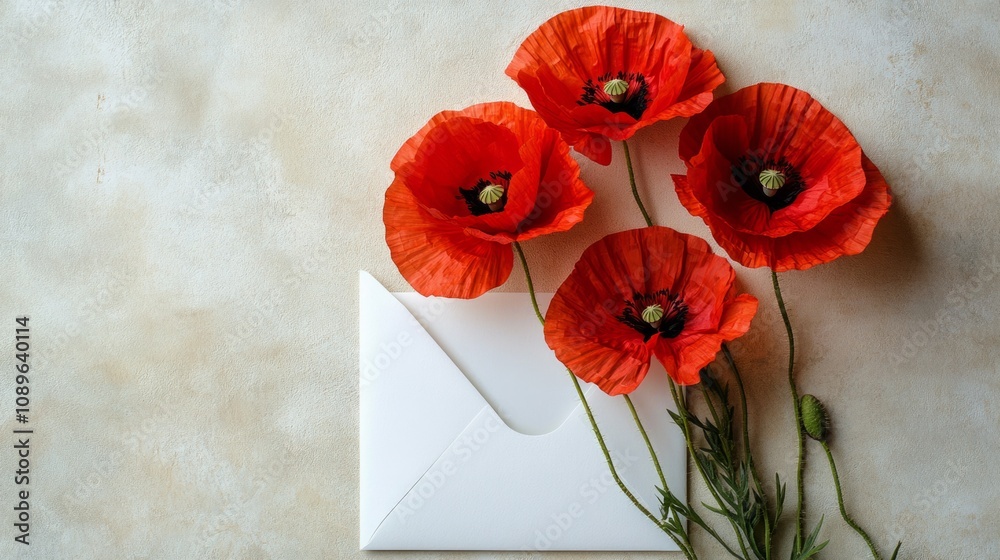 Red poppies in a white envelope on beige background, vibrant and bold generative ai Red poppies in a white envelope on beige background, vibrant and bold generative ai