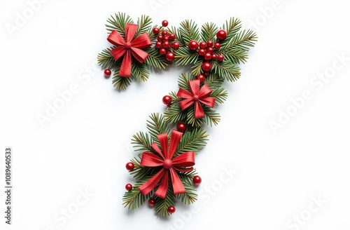 Intertwined christmas decorations number “7”, realist precision, high saturation, beautiful, inspiring, isolated, flat white background	