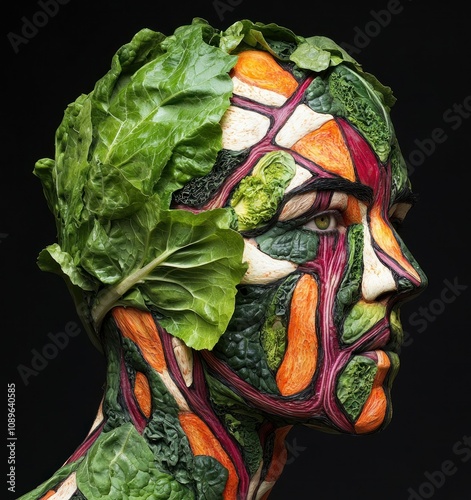 Human face made entirely of various fresh vegetables photo